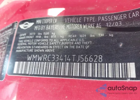 2004 Mini Cooper from USA, damaged, VIN WMWRC33414TJ56628